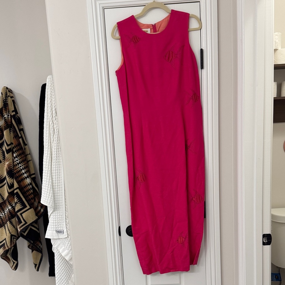 Talbots Vibrant Pink Maxi Dress with embroidered sunfish detail